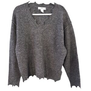 Magaschoni Womens Wool Blend V-Neck Sweater Large Raw Cut Edge Grunge Distressed